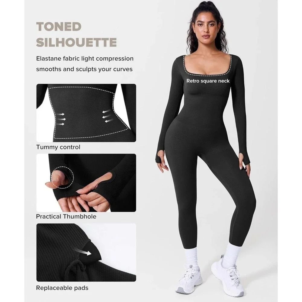 Black Long Sleeve Jumpsuit Workout Yoga Full Body Control Shapewear One Piece M